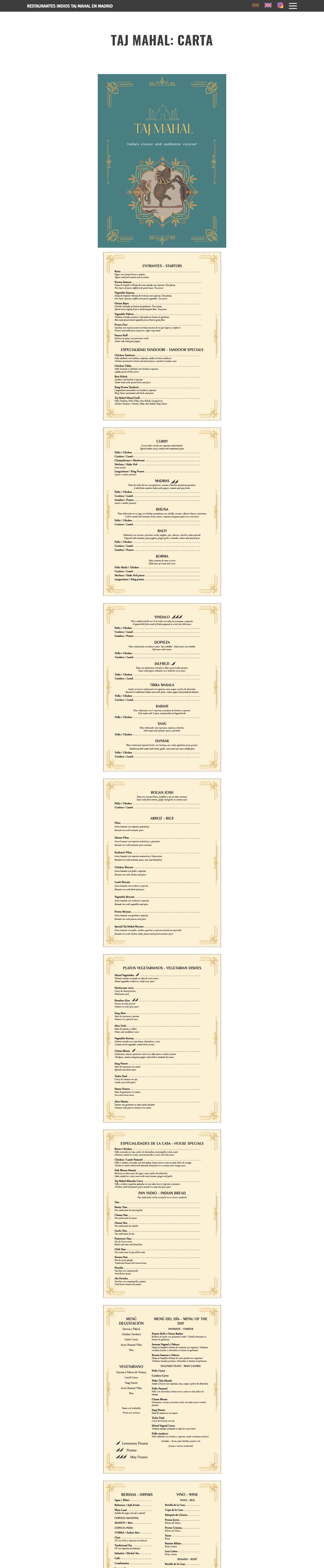Restaurantes Taj Mahal - Carta