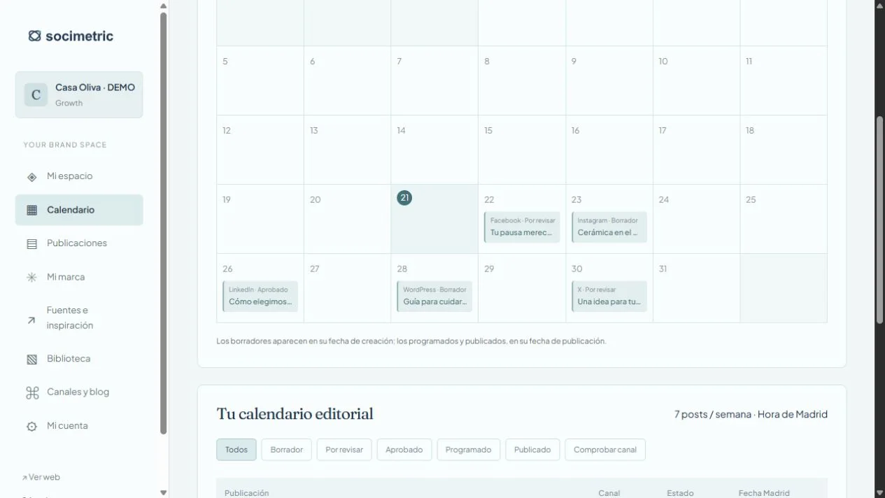 Vista del calendario editorial de Socimetric.