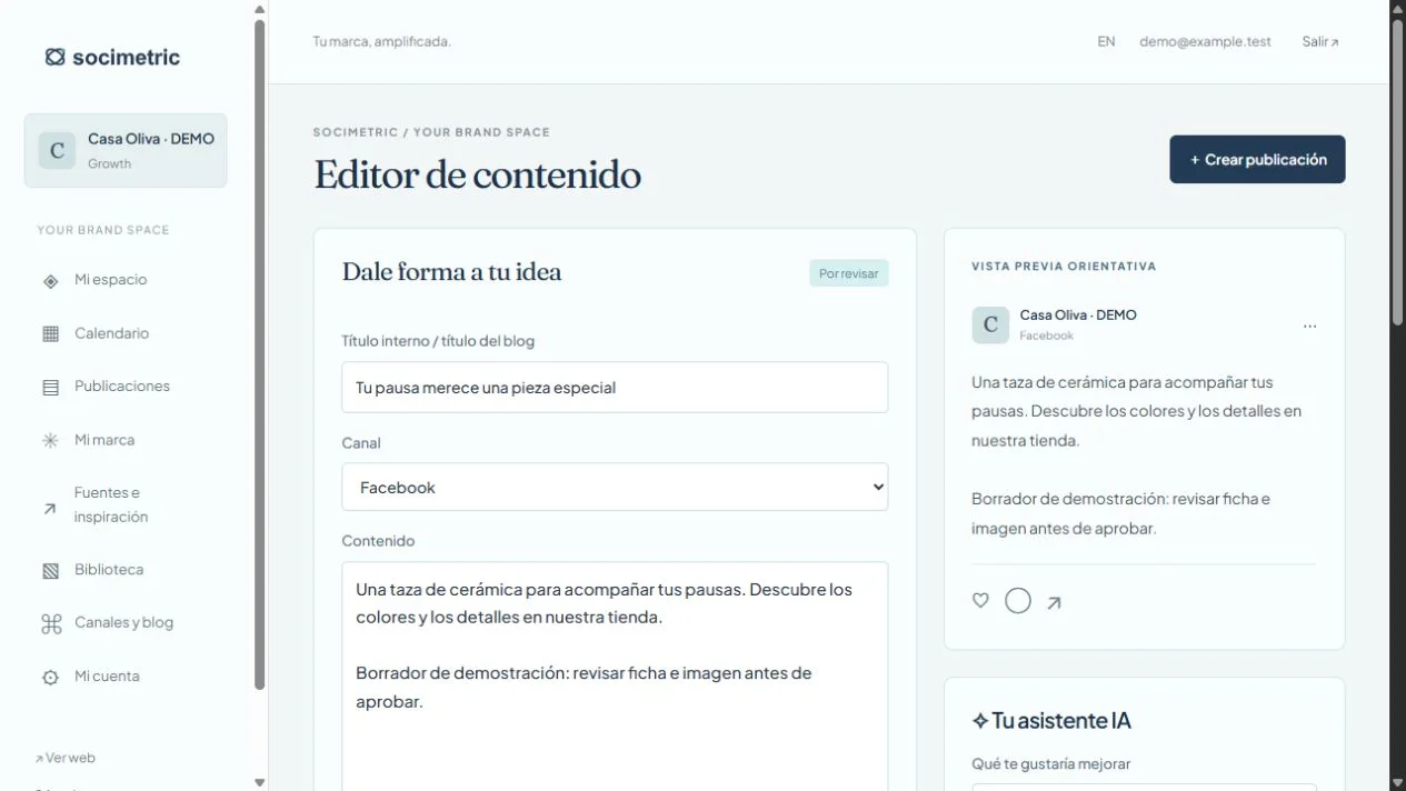 Vista del editor de contenidos de Socimetric.